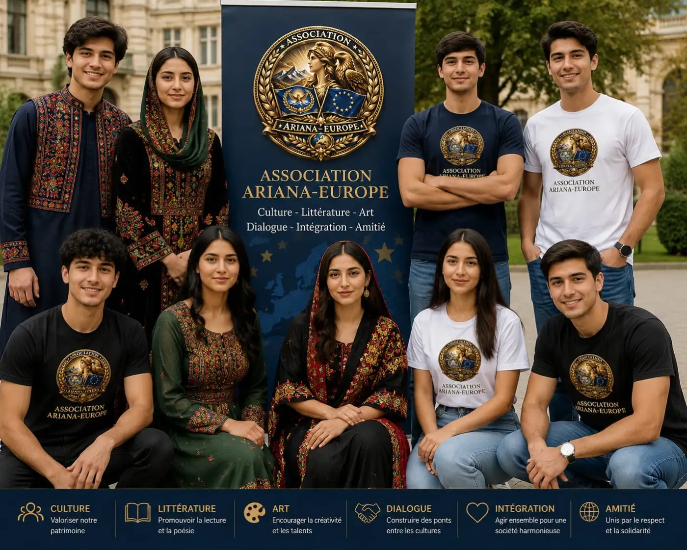 Membres de l'Association Ariana-Europe en tenues culturelles devant un bâtiment européen